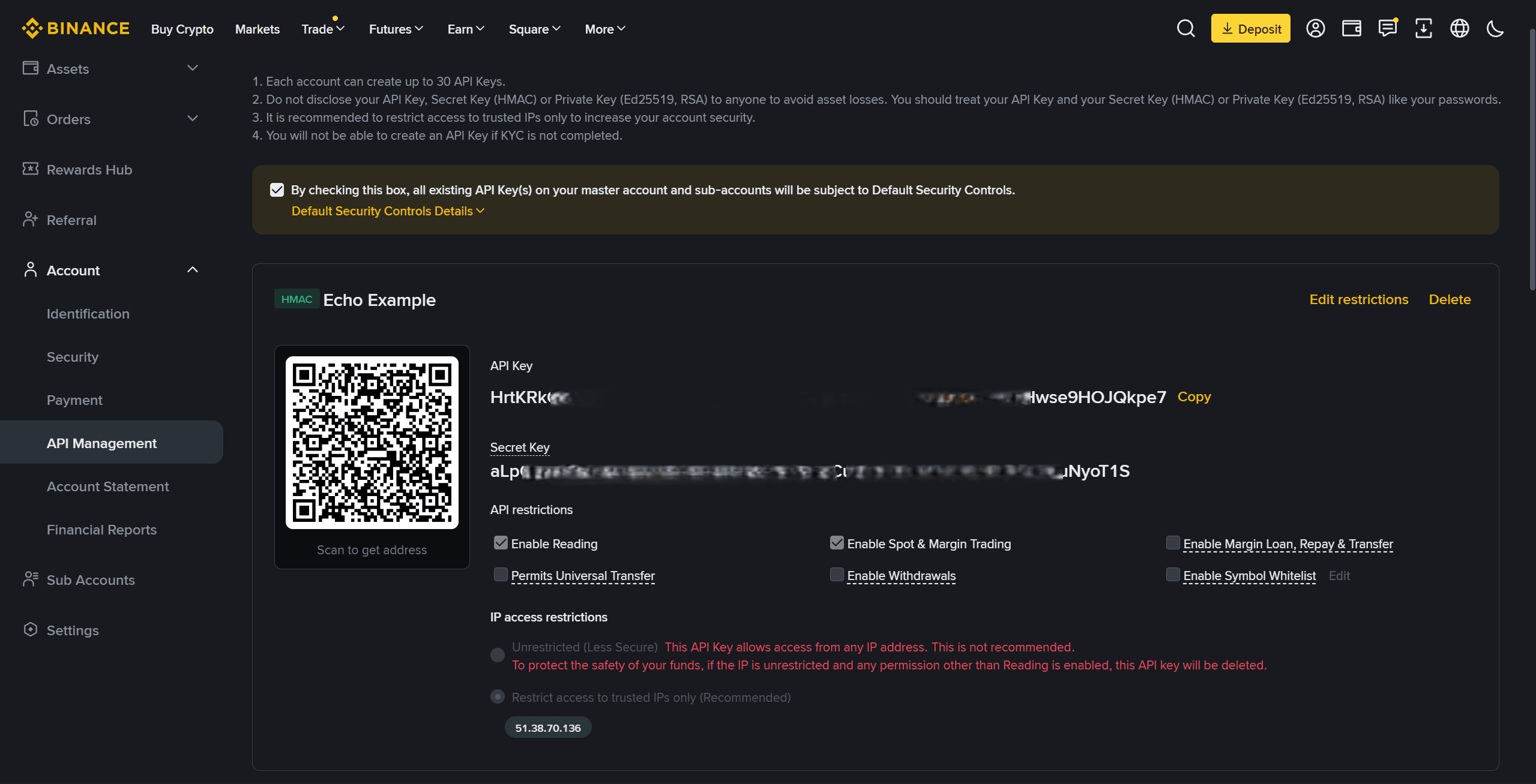 Warning about dedicated account requirement for Echo swing