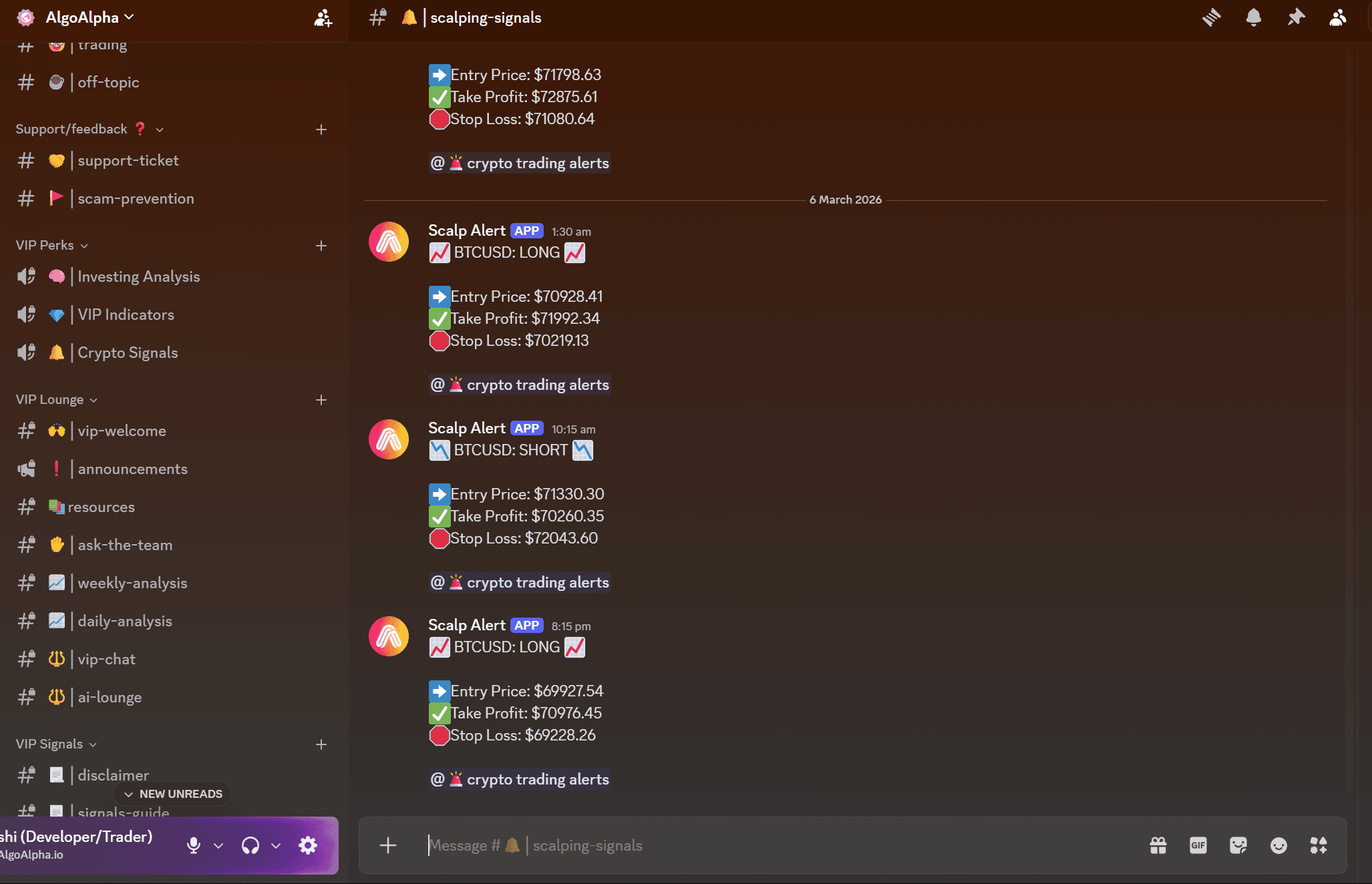 Example scalping signal with entry, TP, and SL levels